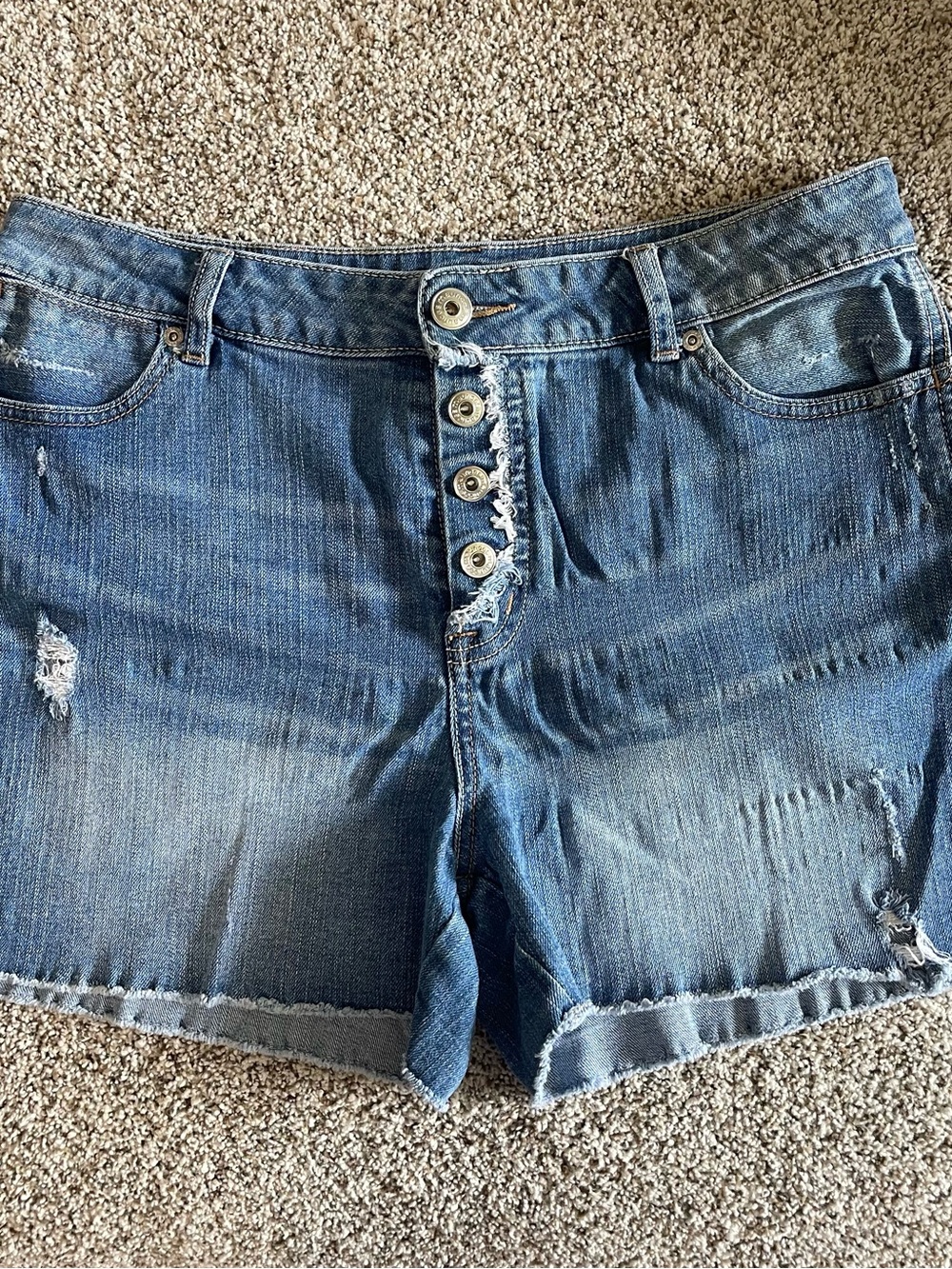 Maurices- Distressed Blue Denim Women's Button Fly Closure Shorts